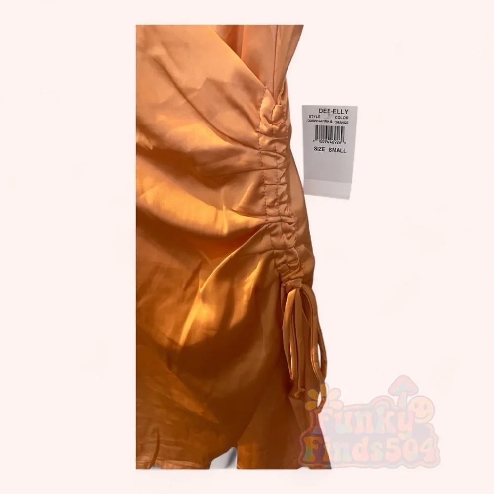 Dee Elly Satin Silky Tangerine Ruched Flirty Party Date Mini Dress NWT Size S
